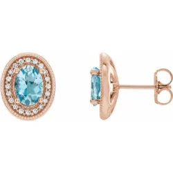 7x5 mm Natural Aquamarine 1/6 CTW Natural Diamond Halo-Style Earrings
