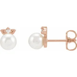 Cultured Akoya Pearl & .03 CTW Natural Diamond Floral Earrings