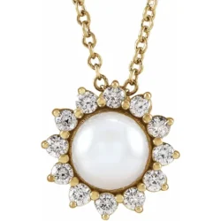 Cultured White Akoya Pearl & 1/6 CTW Natural Diamond Halo-Style 16-18" Necklace