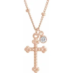 .06 CT Natural Diamond Beaded Cross 20" Necklace